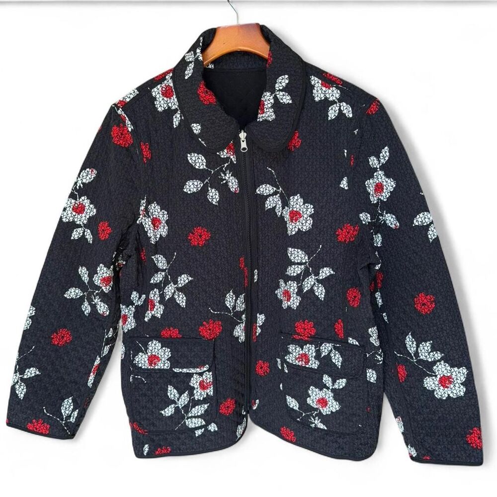 Vintage Braetan Reversible Quilted Jacket Floral to Solid Black XL